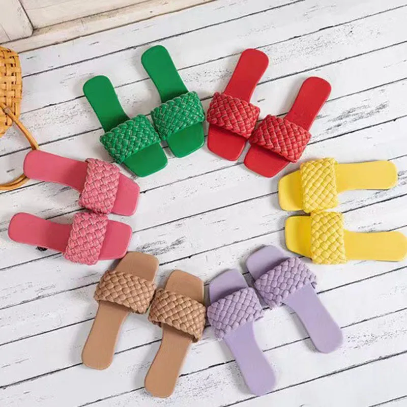 Beach woven strap slide sandals candy color peep toe flat sandals