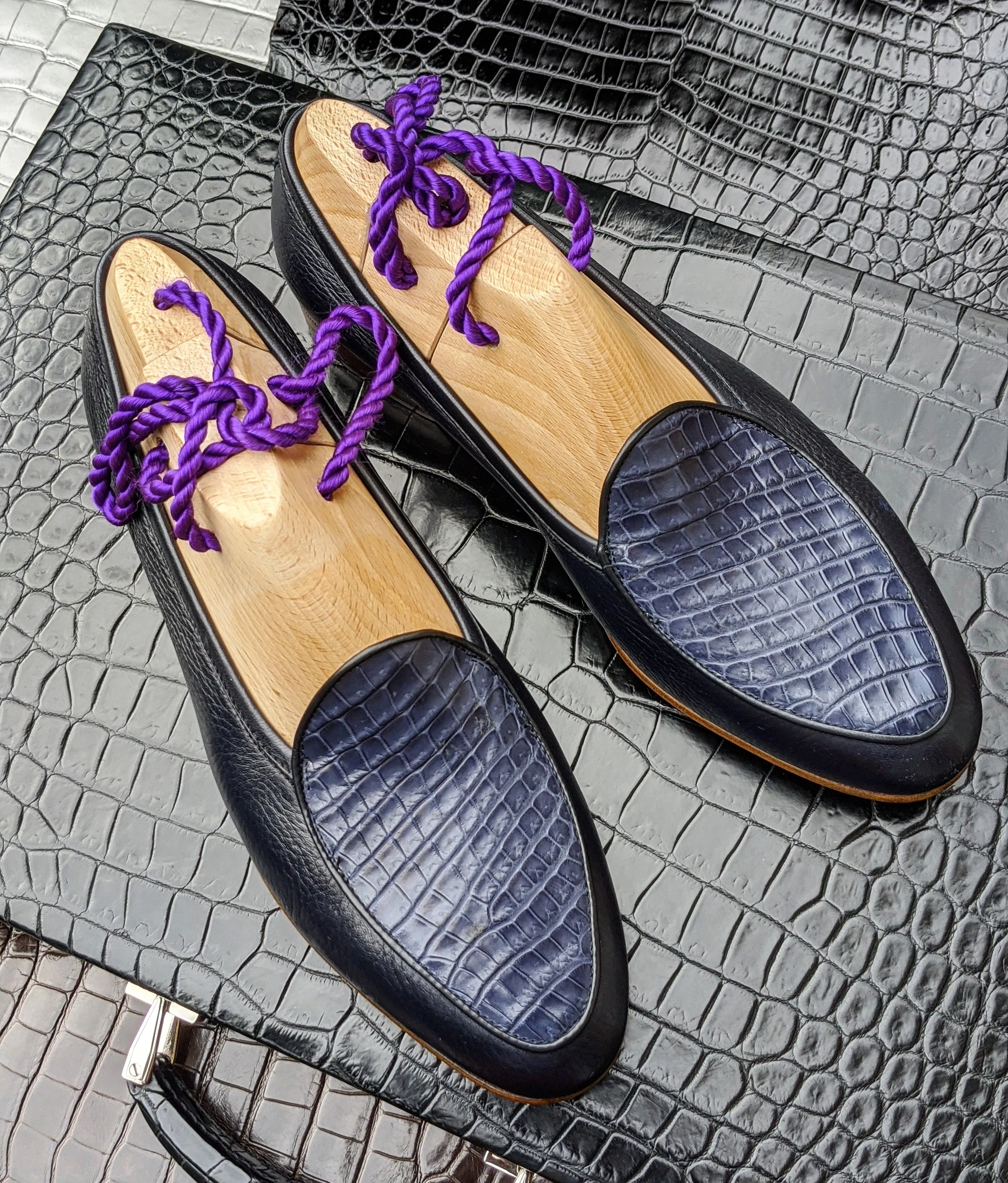 Belgian Loafer - Blue Deer Skin & Crocodile
