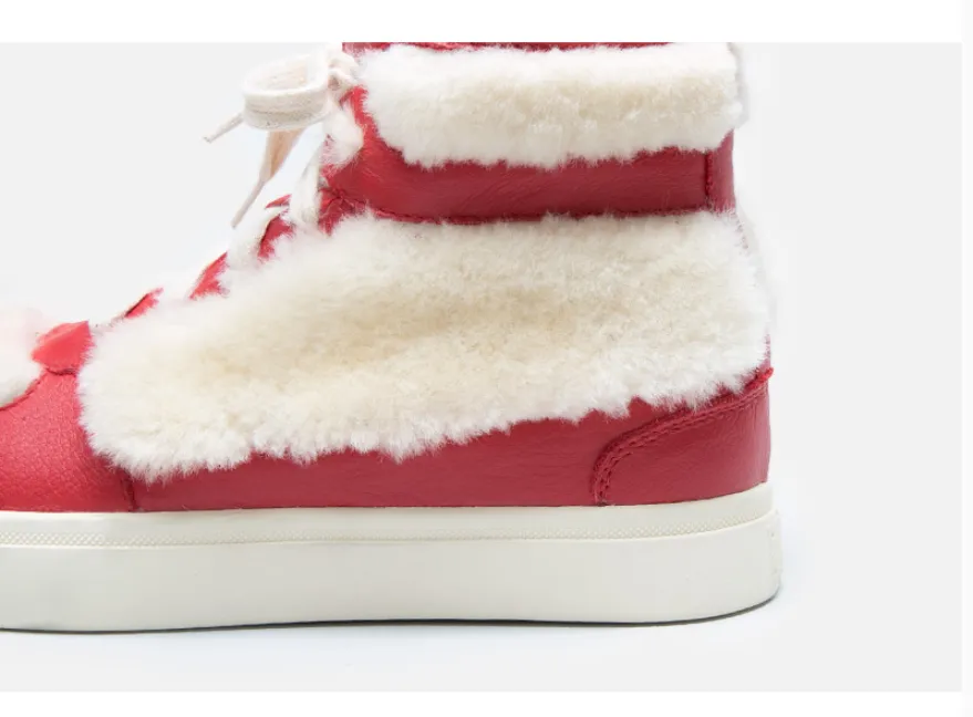 BELLALILY FAUX FUR DETAILED LEATHER TRAINERS IN RED