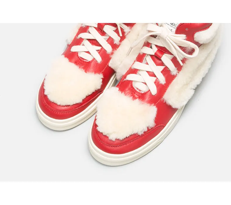 BELLALILY FAUX FUR DETAILED LEATHER TRAINERS IN RED