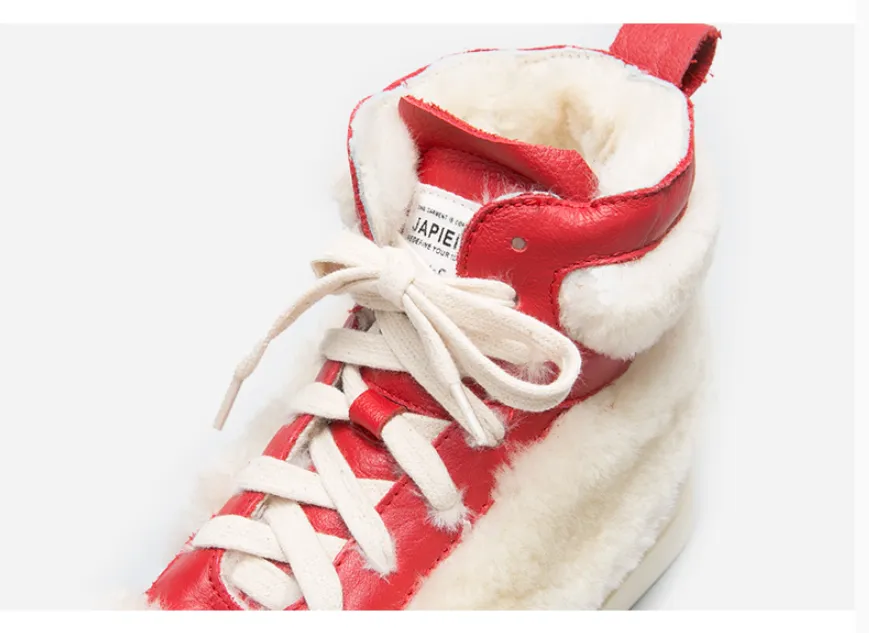 BELLALILY FAUX FUR DETAILED LEATHER TRAINERS IN RED