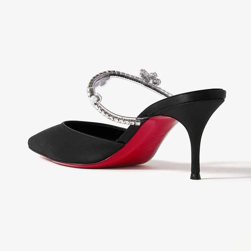 Black Satin Pumps with Crystal Embellishments
