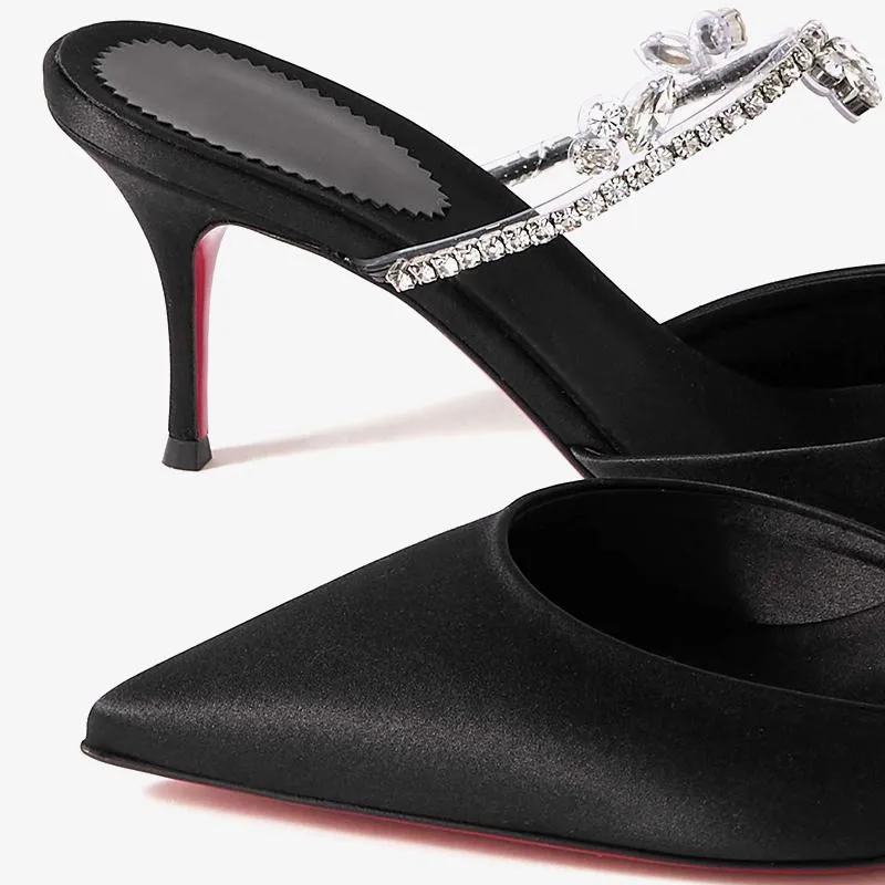 Black Satin Pumps with Crystal Embellishments