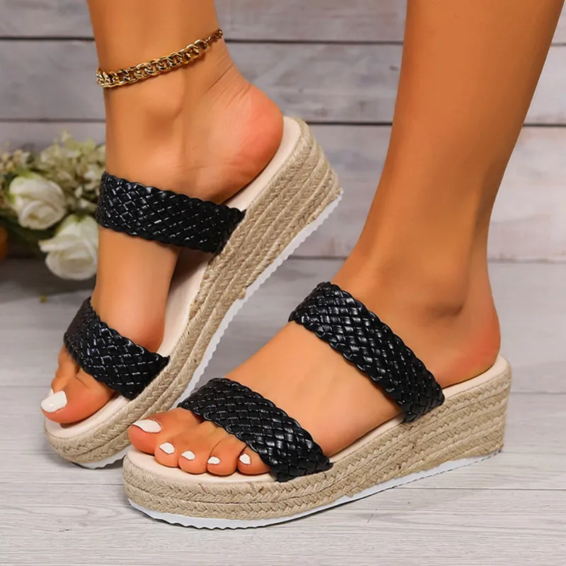 Braided 2 bands chunky platform espadrille wedge slides