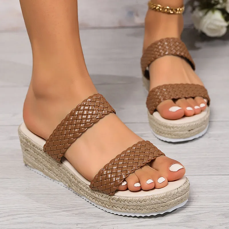 Braided 2 bands chunky platform espadrille wedge slides
