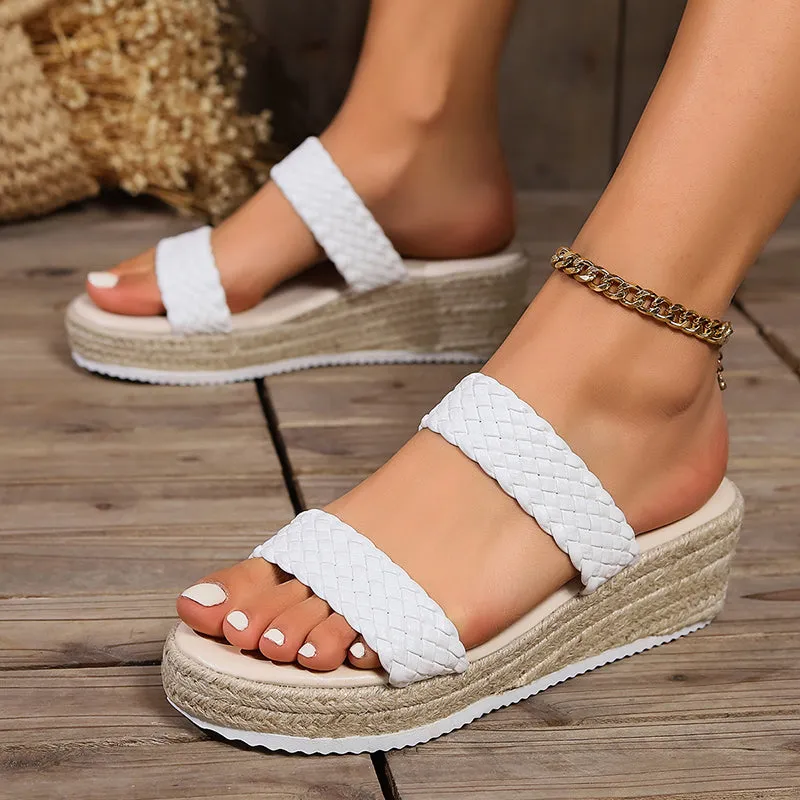 Braided 2 bands chunky platform espadrille wedge slides