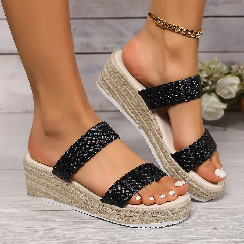 Braided 2 bands chunky platform espadrille wedge slides