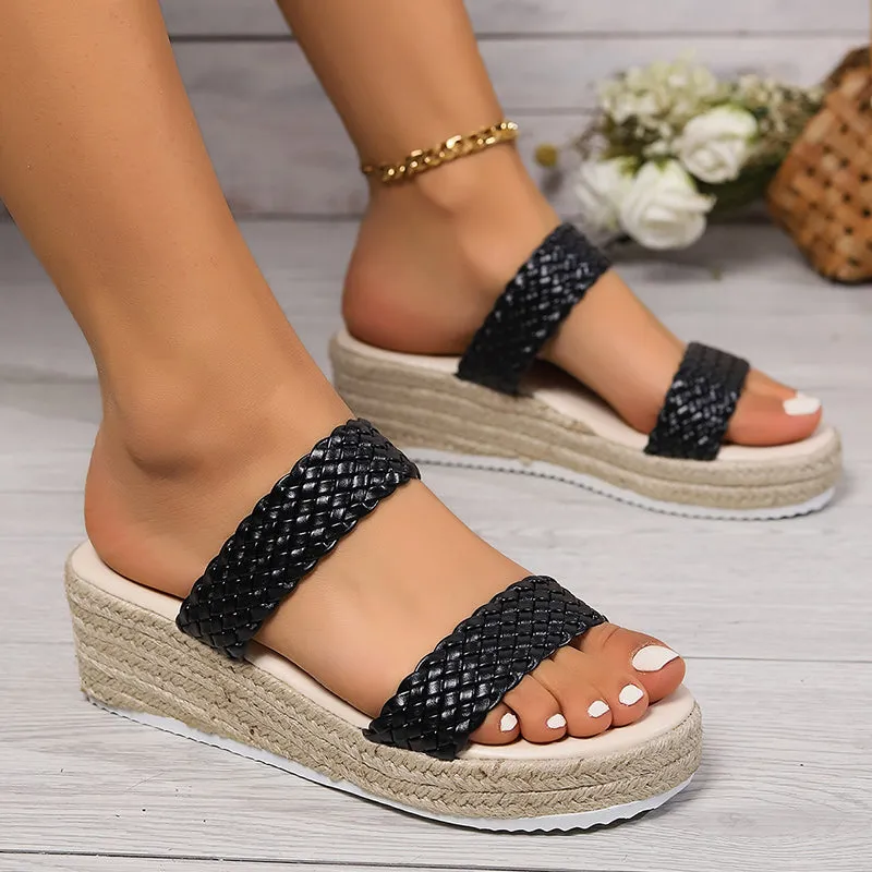 Braided 2 bands chunky platform espadrille wedge slides