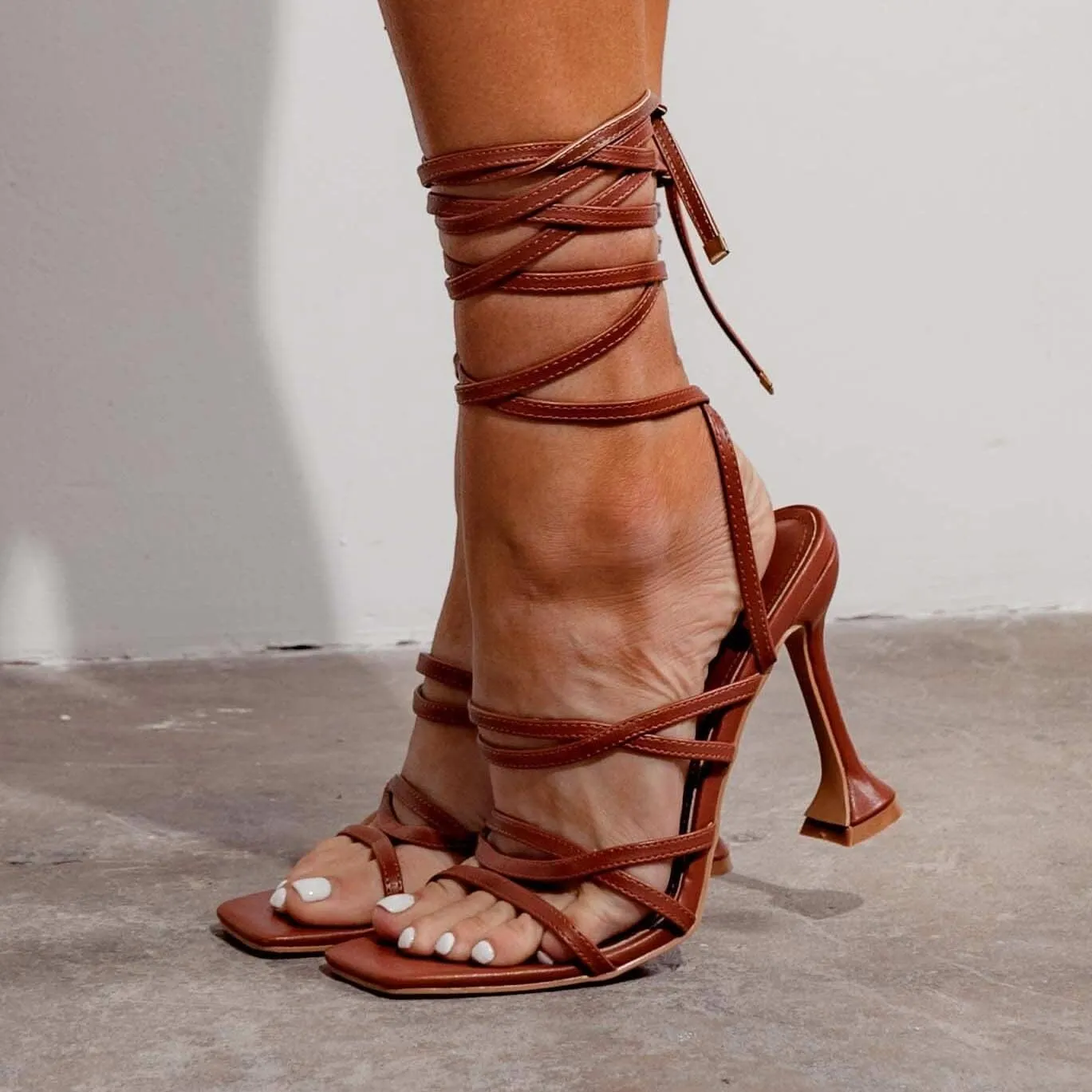 Cape Robbin Jenni Lace-Up Light Strappy Stiletto Flare Heel Open Toe Sandal Nude