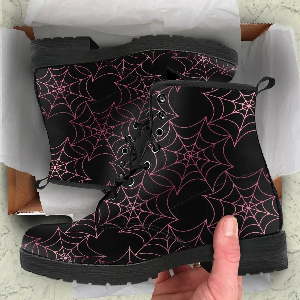 Combat Boots - Goth Shoes #71 Spiderweb Boots | Women's Black Hipster Boots, Vegan Leather Lace Up Boots, Handmade Lace Up Boots