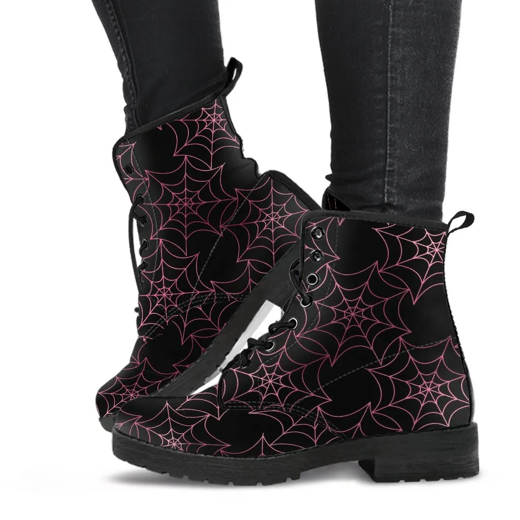Combat Boots - Goth Shoes #71 Spiderweb Boots | Women's Black Hipster Boots, Vegan Leather Lace Up Boots, Handmade Lace Up Boots
