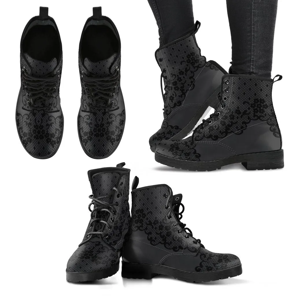 Combat Boots-Gothic Lace Print 102 Gray