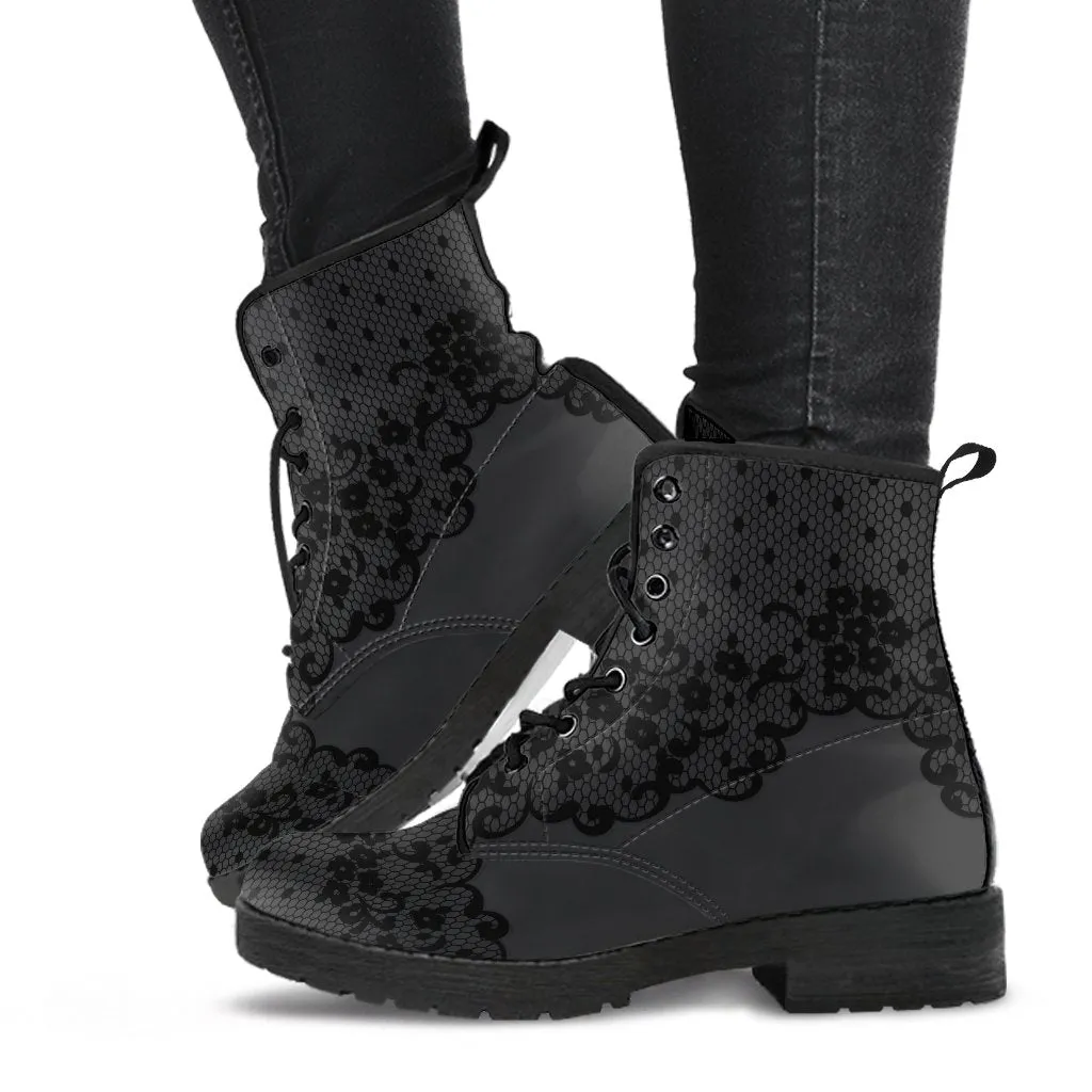 Combat Boots-Gothic Lace Print 102 Gray