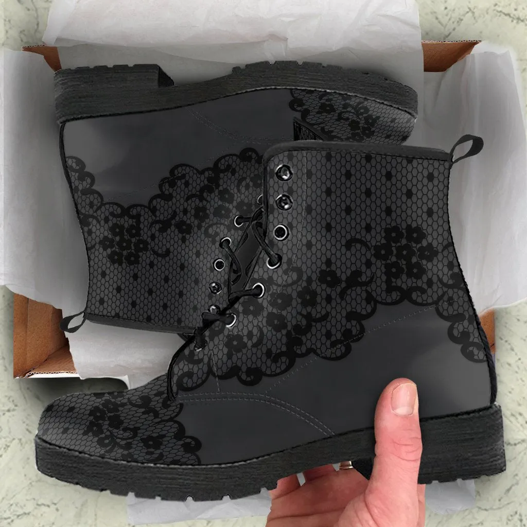 Combat Boots-Gothic Lace Print 102 Gray