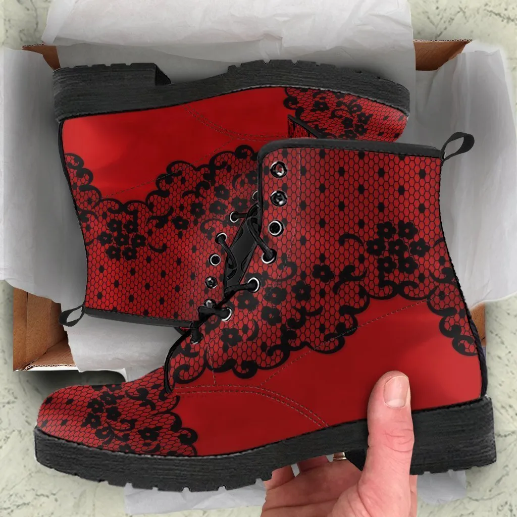 Combat Boots-Gothic Lace Print 102 Red