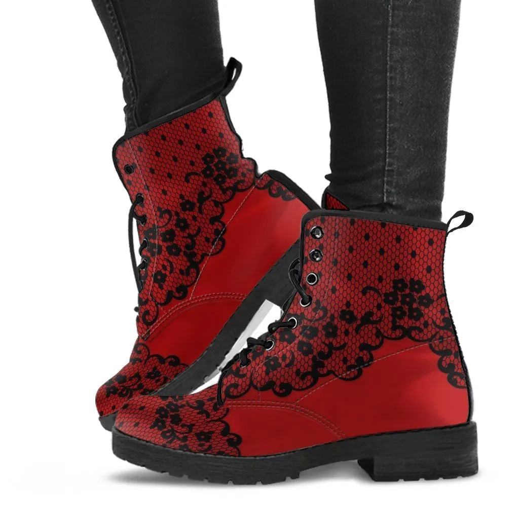 Combat Boots-Gothic Lace Print 102 Red