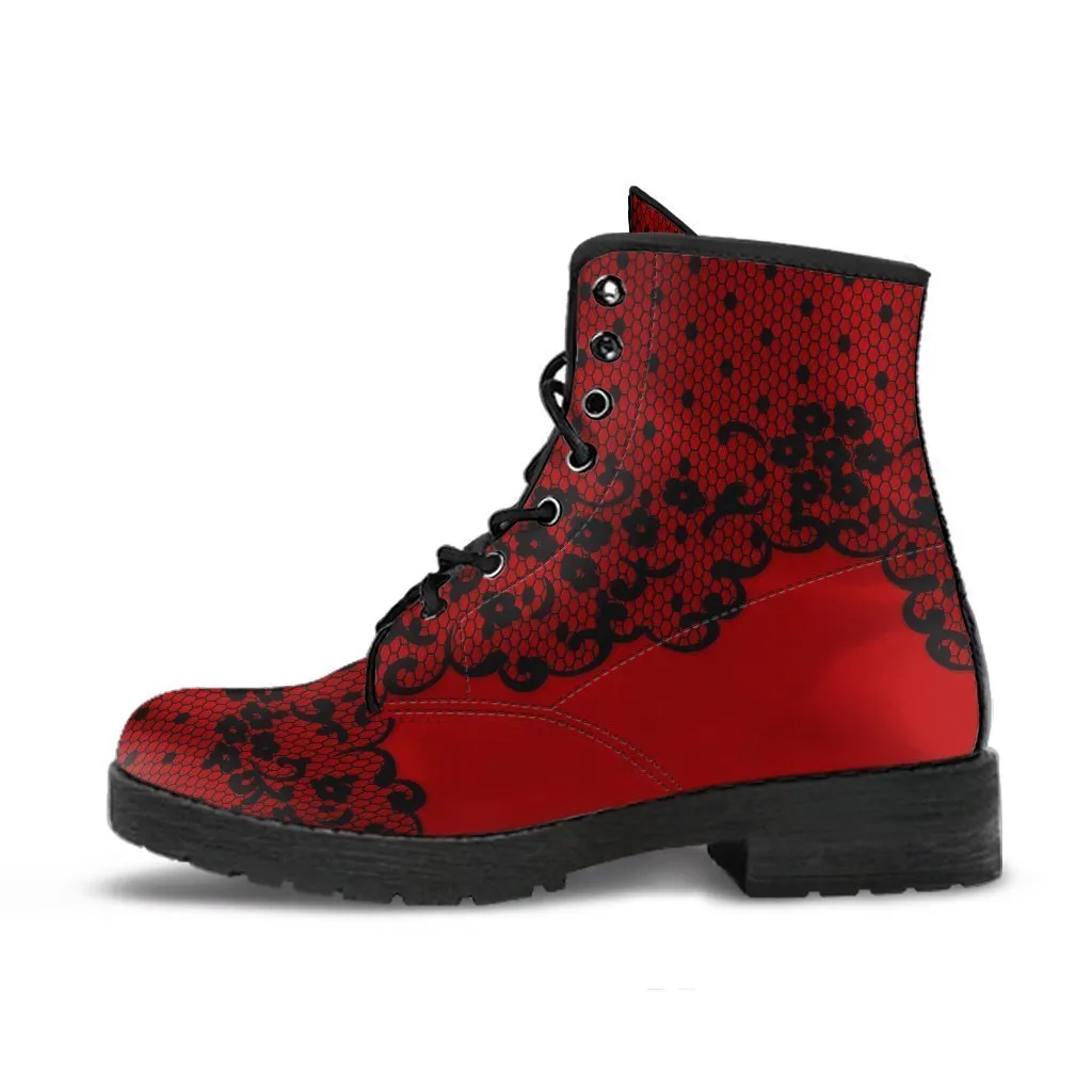 Combat Boots-Gothic Lace Print 102 Red