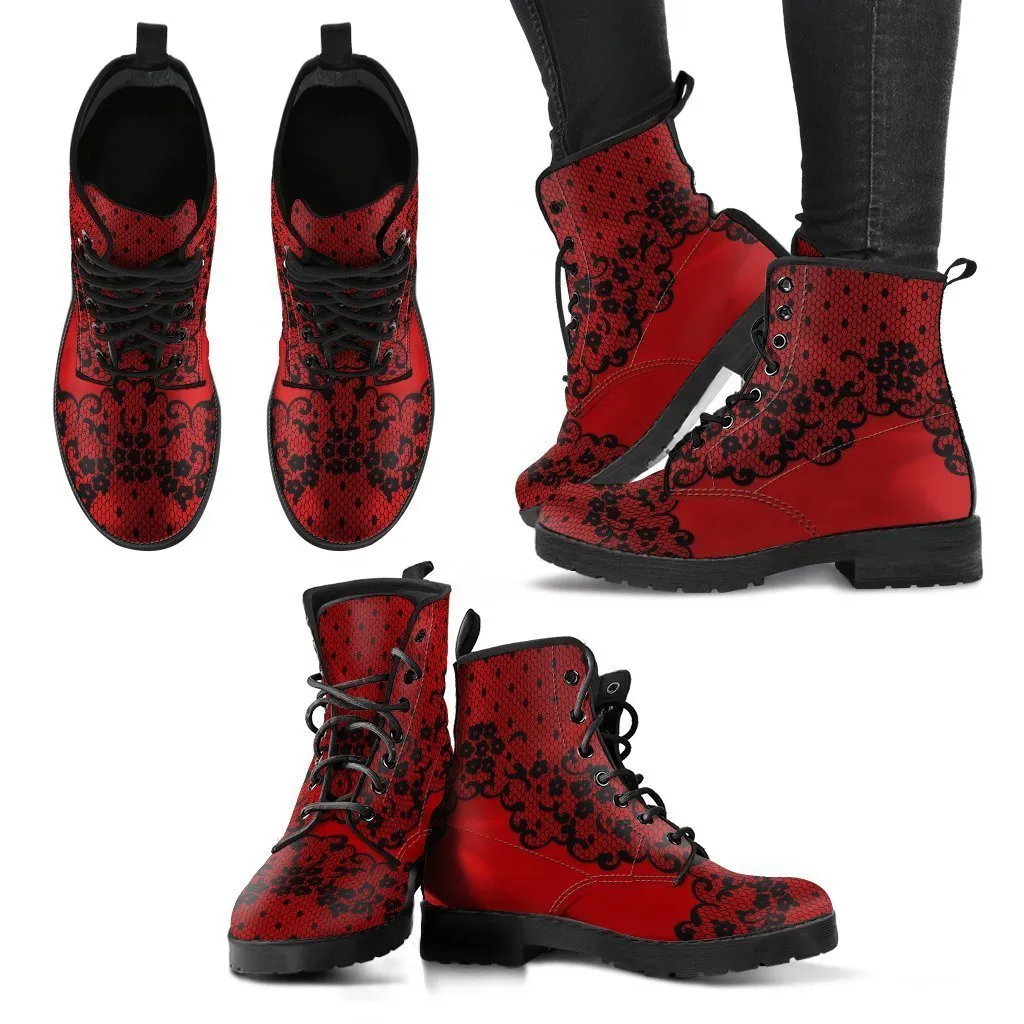 Combat Boots-Gothic Lace Print 102 Red