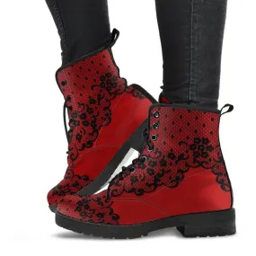Combat Boots-Gothic Lace Print 102 Red