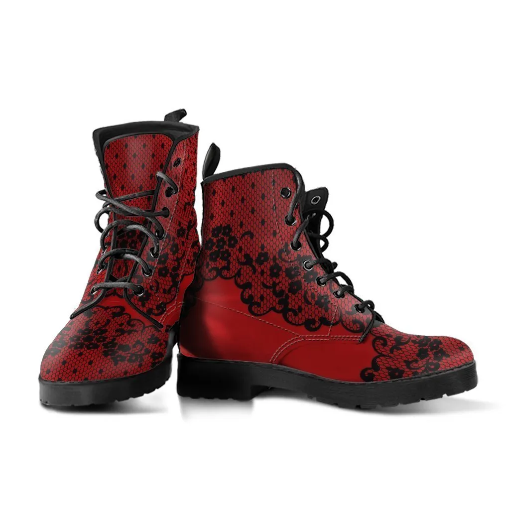 Combat Boots-Gothic Lace Print 102 Red