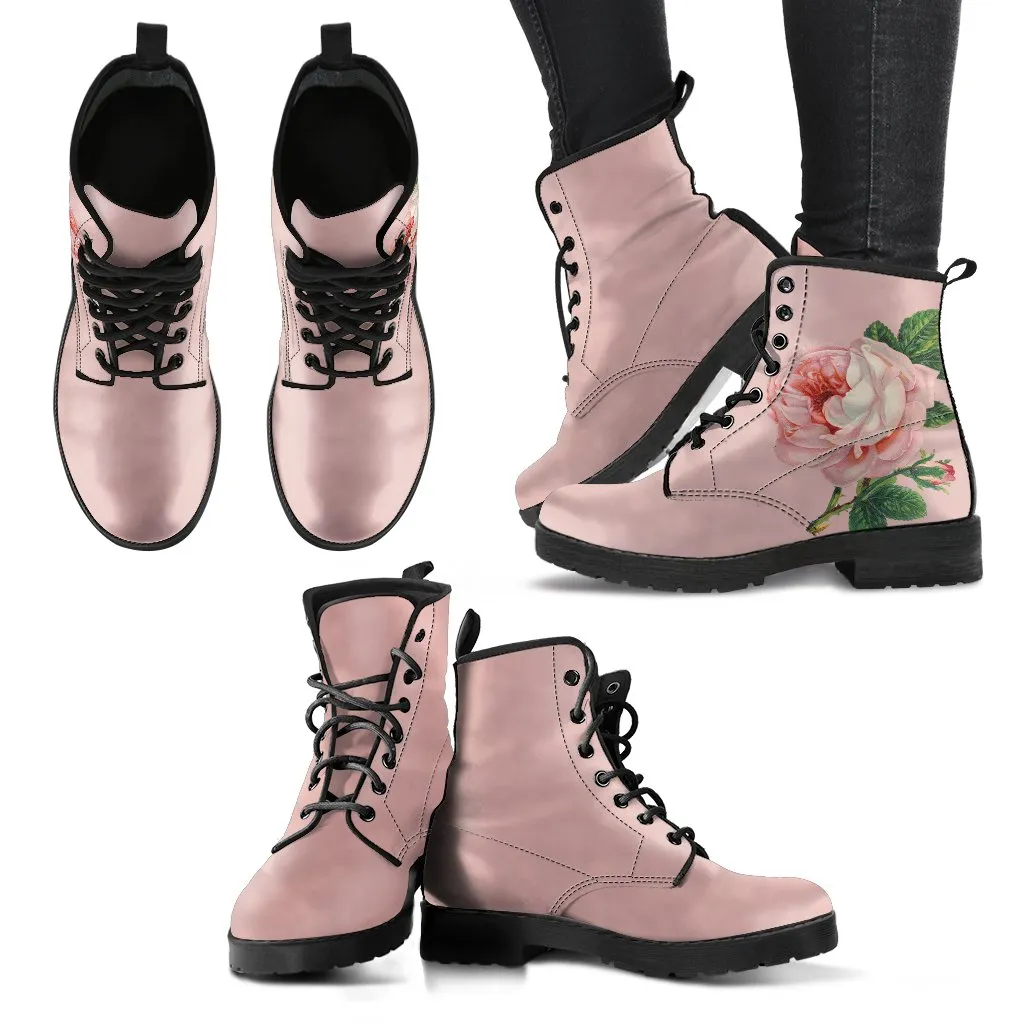 Combat Boots-Vintage Style Pink Roses, Boho Shoes