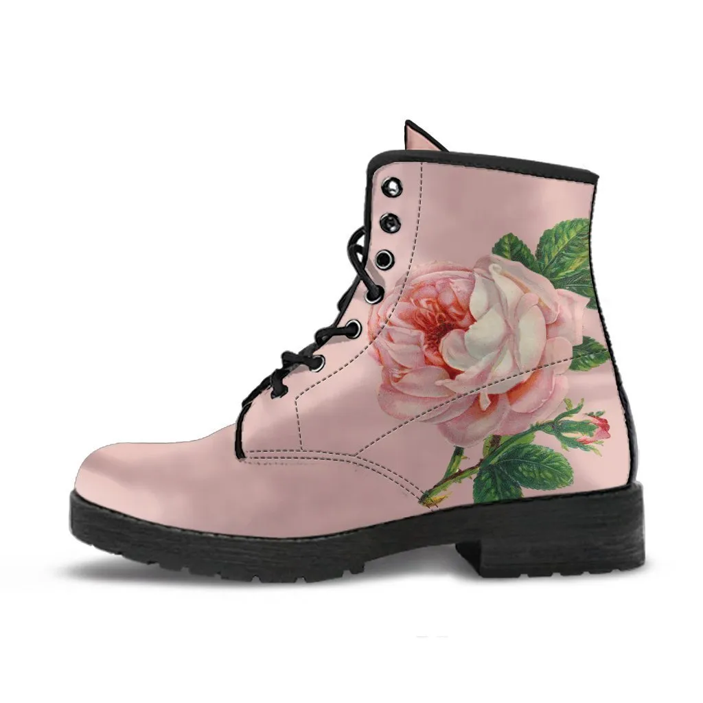 Combat Boots-Vintage Style Pink Roses, Boho Shoes