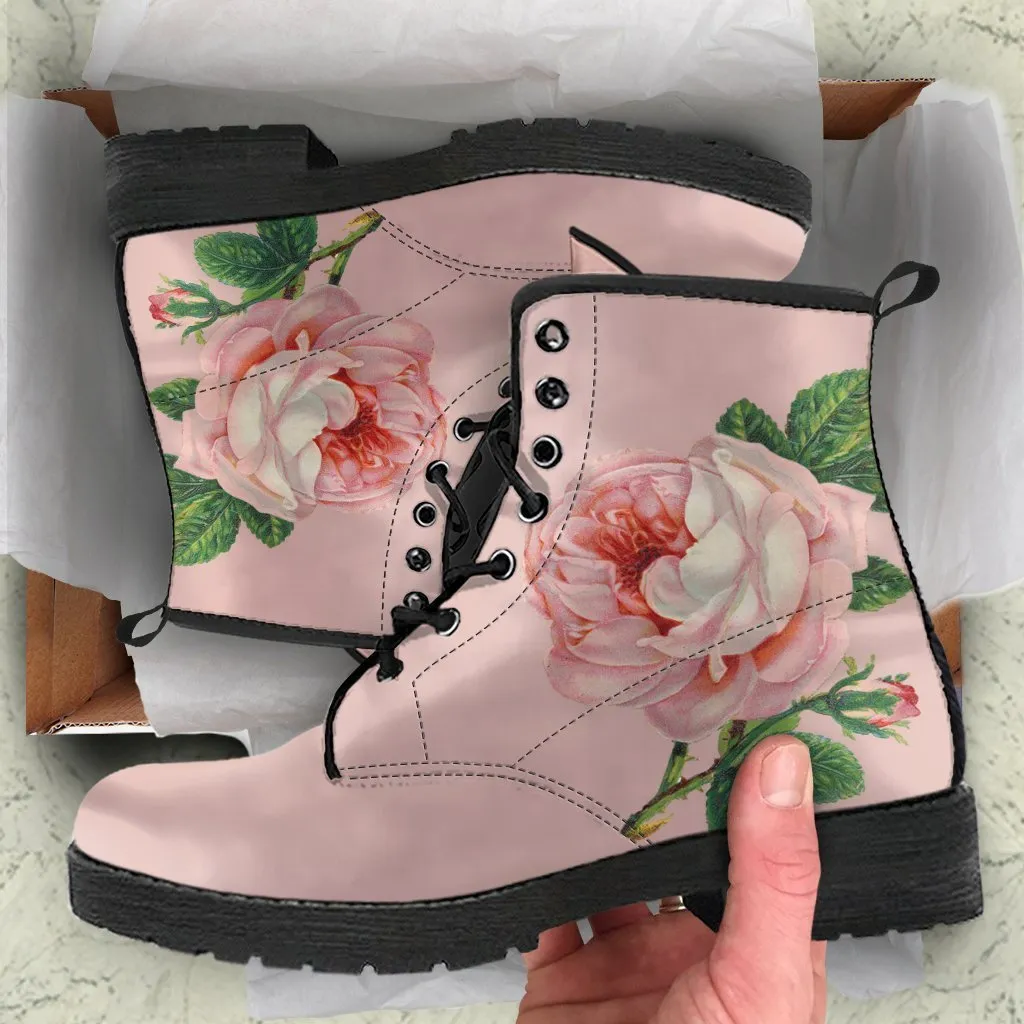 Combat Boots-Vintage Style Pink Roses, Boho Shoes