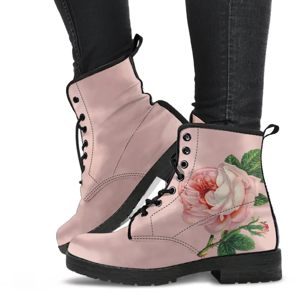 Combat Boots-Vintage Style Pink Roses, Boho Shoes