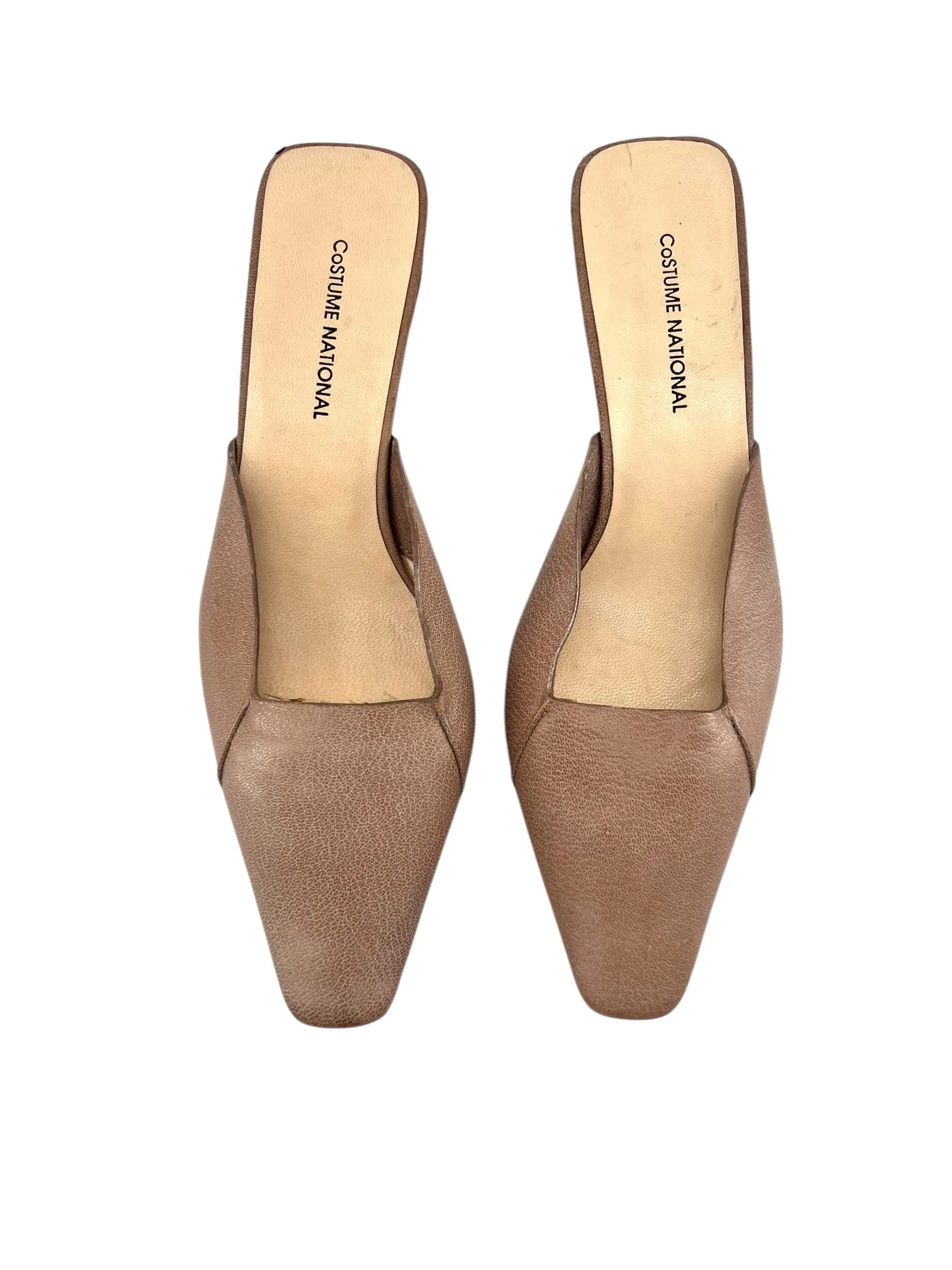 Costume National Taupe Leather Minimalist Kitten Heel Mule, New/Old
