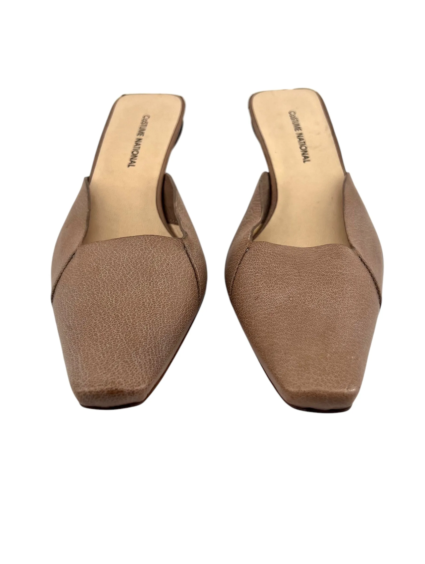 Costume National Taupe Leather Minimalist Kitten Heel Mule, New/Old