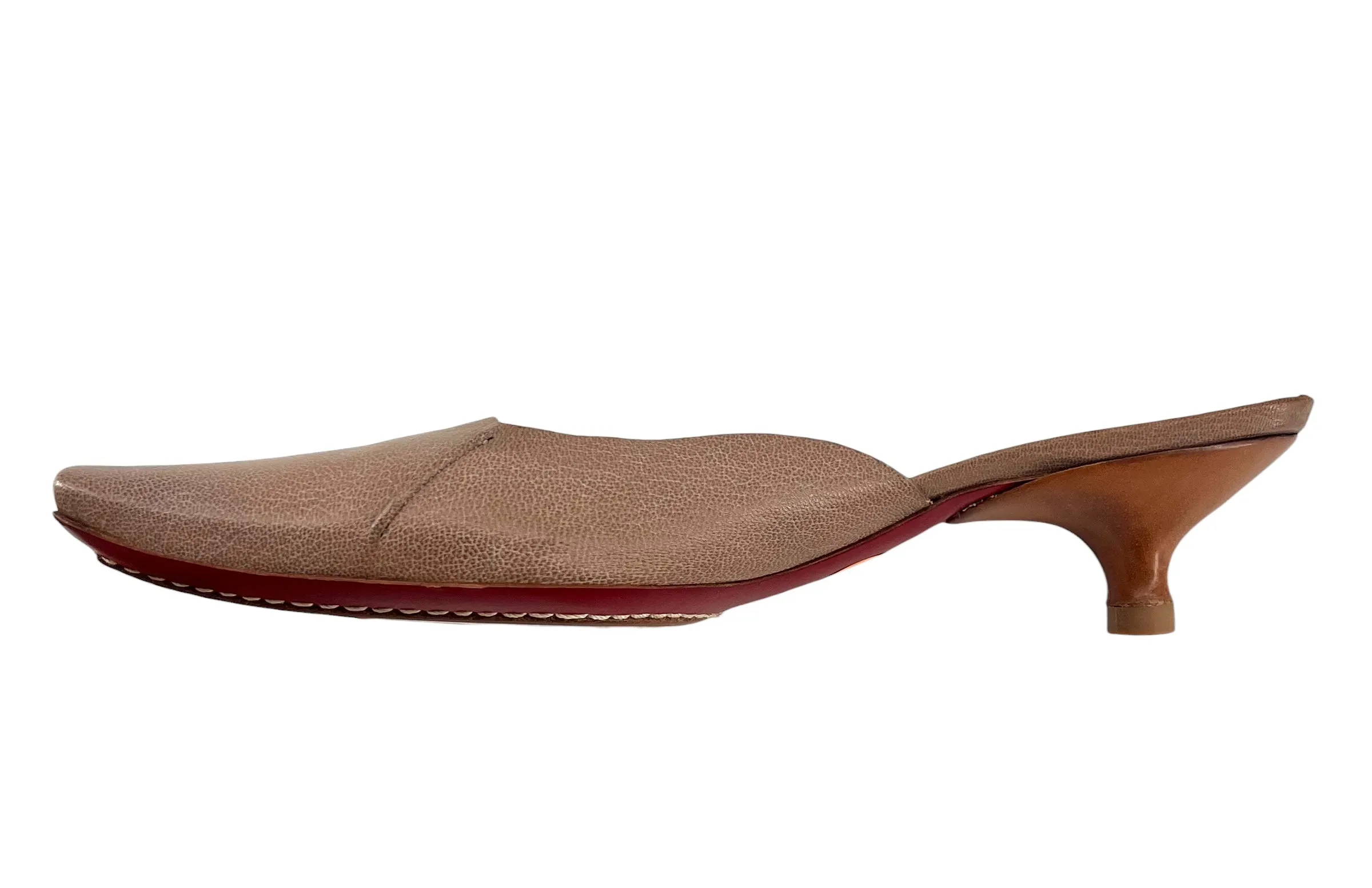 Costume National Taupe Leather Minimalist Kitten Heel Mule, New/Old