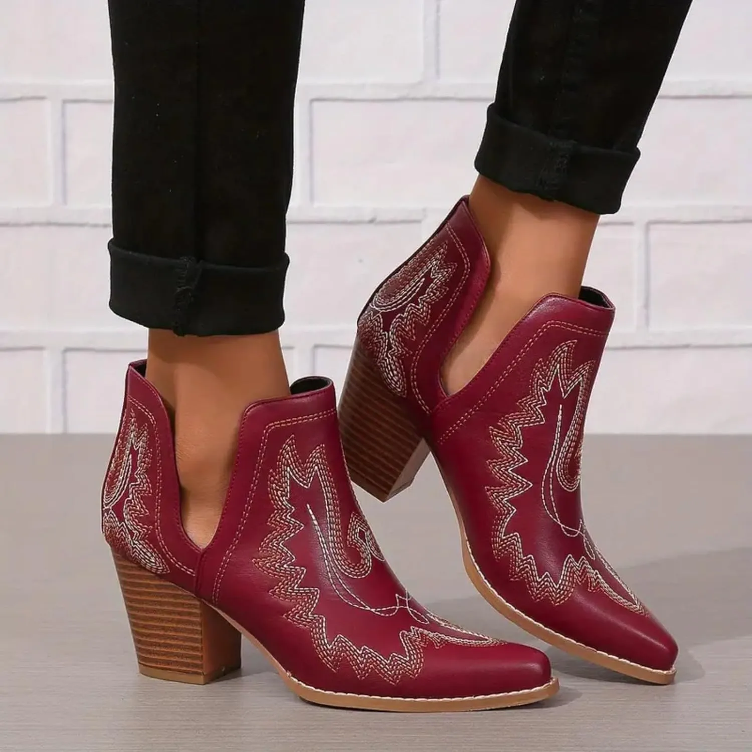 Cowboy Boots for Women Western Durable Cowboy Boots Comfortable Faux Leather Booties Stack Heel Ankle Style Cowgirl Boots