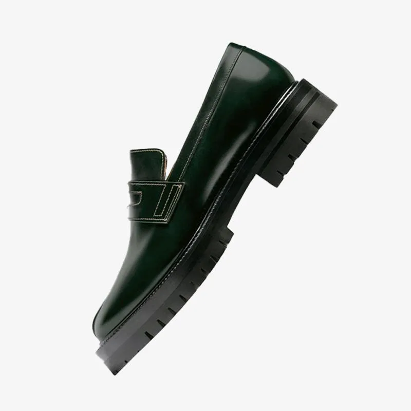 Dark Green Calfskin Chunky Sole Loafers