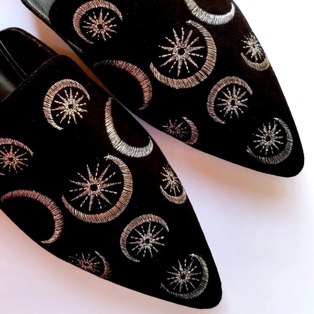 Embroidered Hecate Triple Moon   Star Mules