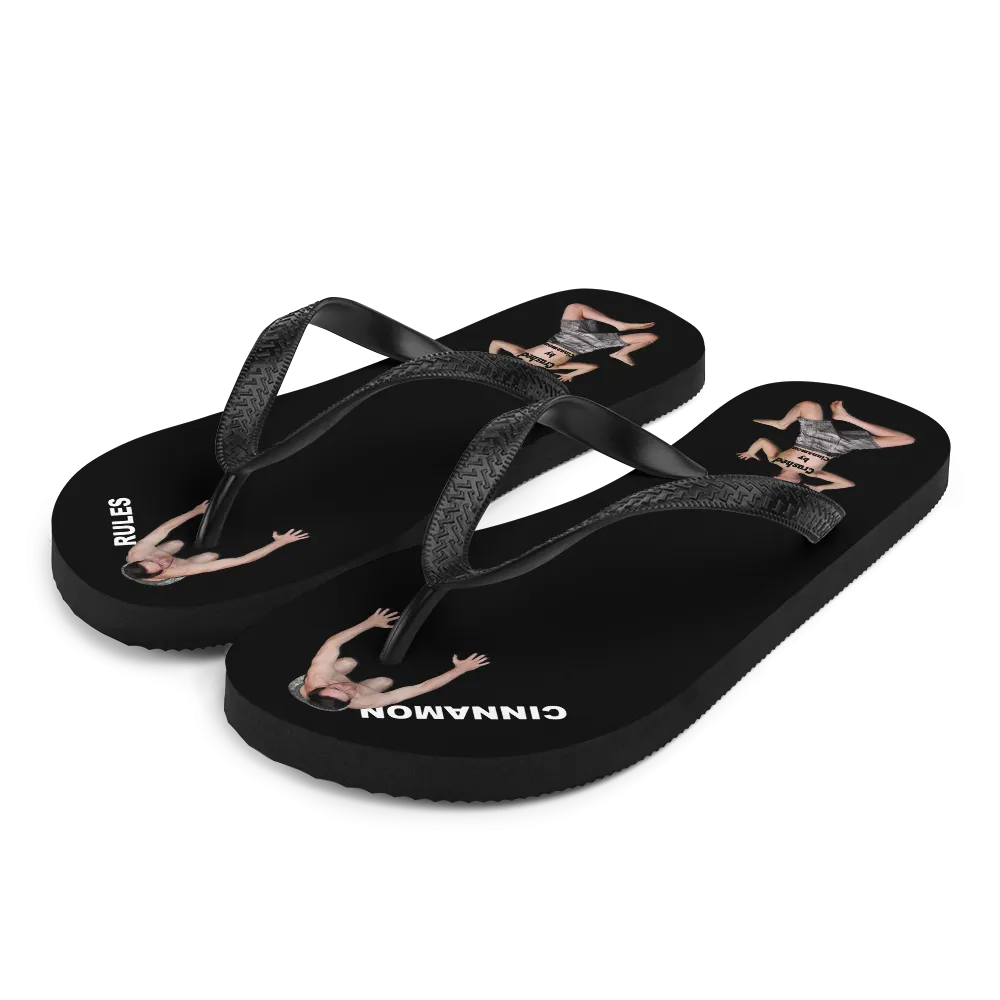 Flip flop sandals with men bowing down or flat under your heel for Cinnamon Feet