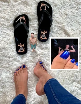 Flip flop sandals with men bowing down or flat under your heel for Cinnamon Feet