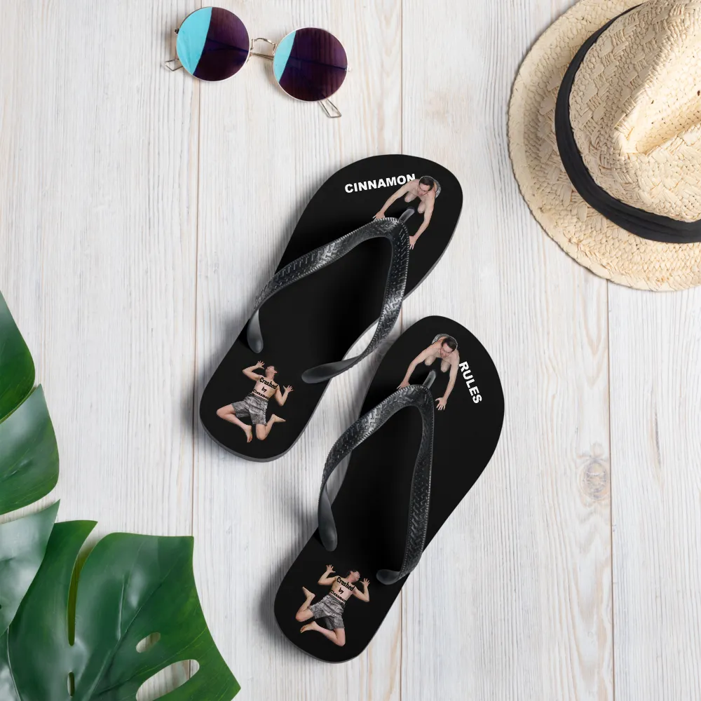 Flip flop sandals with men bowing down or flat under your heel for Cinnamon Feet