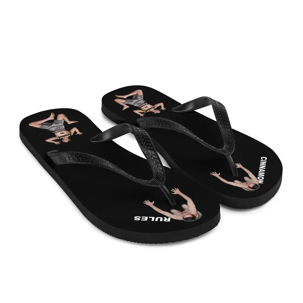 Flip flop sandals with men bowing down or flat under your heel for Cinnamon Feet