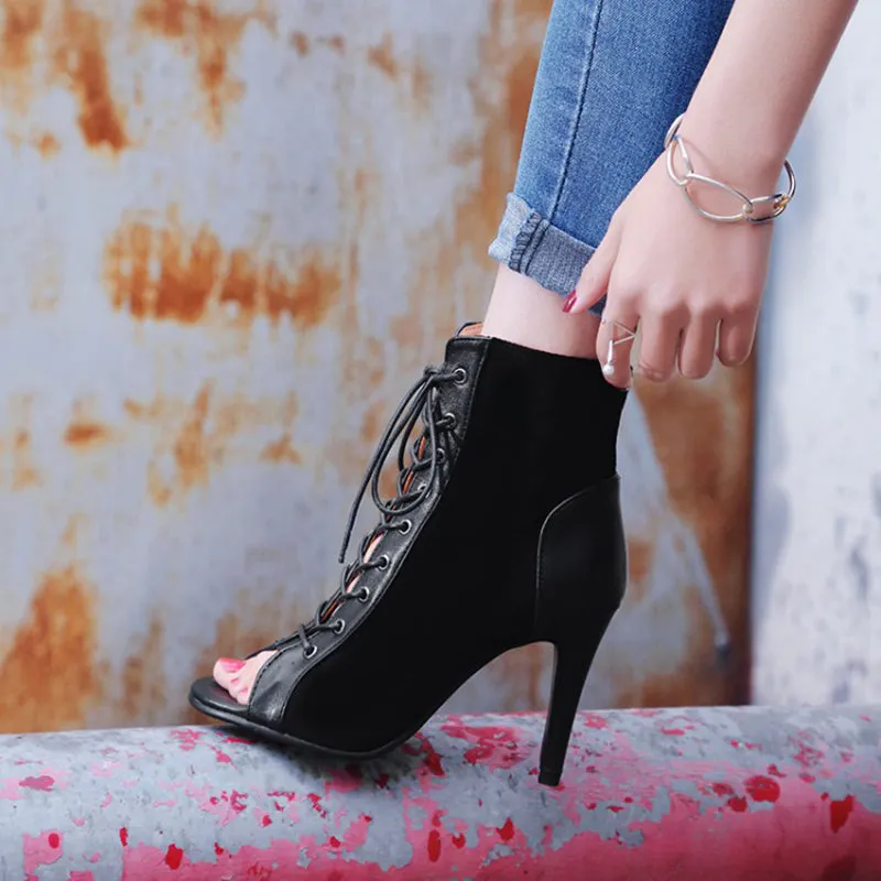 High heel boots sandals peep toe hollow crisscross lace up sandals