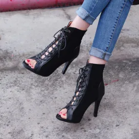 High heel boots sandals peep toe hollow crisscross lace up sandals