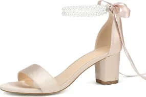 Isobud Women's Open Toe Pearl Wedding Shoes for Bride White Heels with Bow Bridal Shoes Chunky Block Satin Heels Sandals