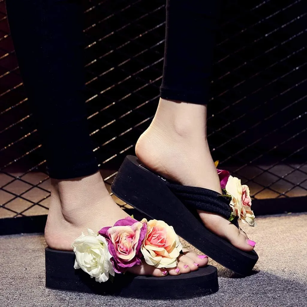 MIOKE Women's Boho Flowers Wedge Flipflops Trendy Summer Platform Anti-Slip High Heel Beach Thong Sandals