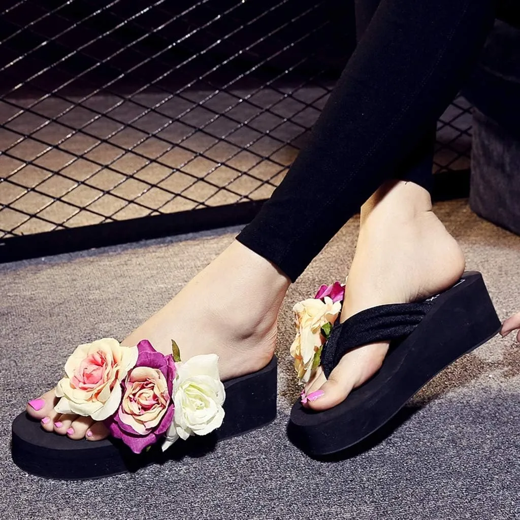 MIOKE Women's Boho Flowers Wedge Flipflops Trendy Summer Platform Anti-Slip High Heel Beach Thong Sandals