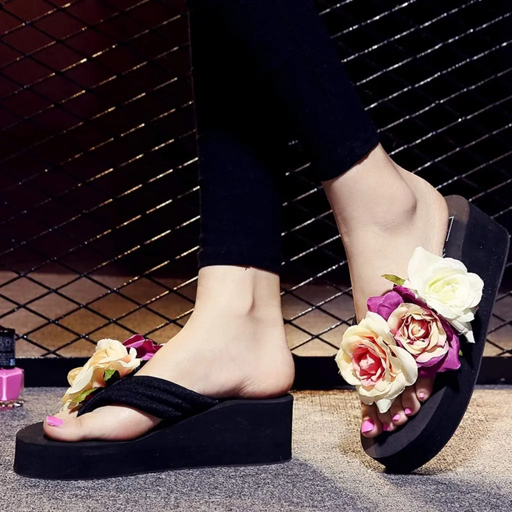 MIOKE Women's Boho Flowers Wedge Flipflops Trendy Summer Platform Anti-Slip High Heel Beach Thong Sandals