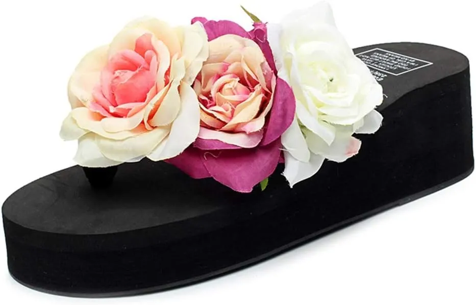MIOKE Women's Boho Flowers Wedge Flipflops Trendy Summer Platform Anti-Slip High Heel Beach Thong Sandals