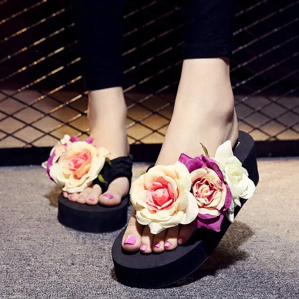 MIOKE Women's Boho Flowers Wedge Flipflops Trendy Summer Platform Anti-Slip High Heel Beach Thong Sandals