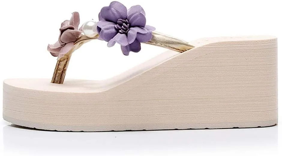 MIOKE Women's Floral Wedge Flipflops Summer Fashion Platform Comfort Slip On Nonslip Beach Thong Sandals