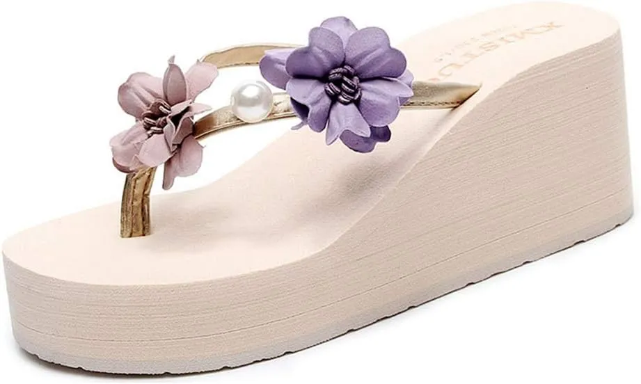 MIOKE Women's Floral Wedge Flipflops Summer Fashion Platform Comfort Slip On Nonslip Beach Thong Sandals