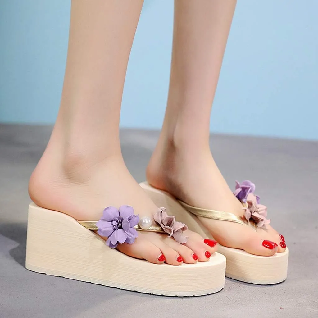 MIOKE Women's Floral Wedge Flipflops Summer Fashion Platform Comfort Slip On Nonslip Beach Thong Sandals