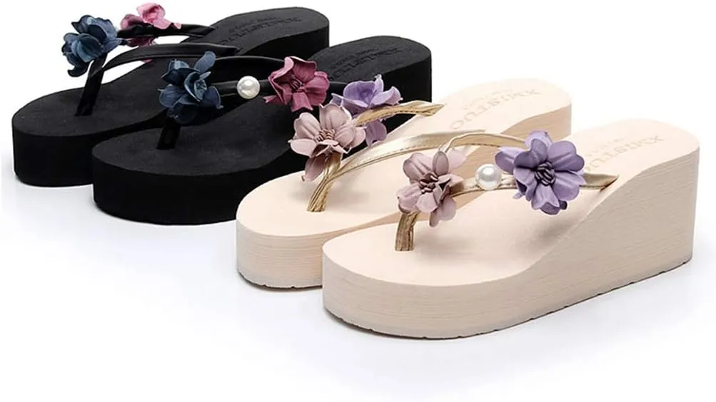 MIOKE Women's Floral Wedge Flipflops Summer Fashion Platform Comfort Slip On Nonslip Beach Thong Sandals